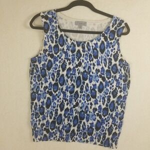 Amber Sun Collection Knit Top Womens M Blue Leopard Excellent Silk Blend Shell